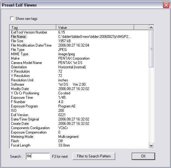 Screenshot of the Exif Tool GUI.